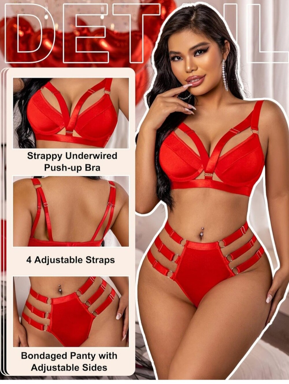 NWT Avidlove Red Strappy Lingerie Set‎ Harness Underwire Bra Panty S - Picture 3 of 8